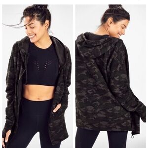 Fabletics Leah Camo Oversized Zip Up Hoodie Gray Black XS